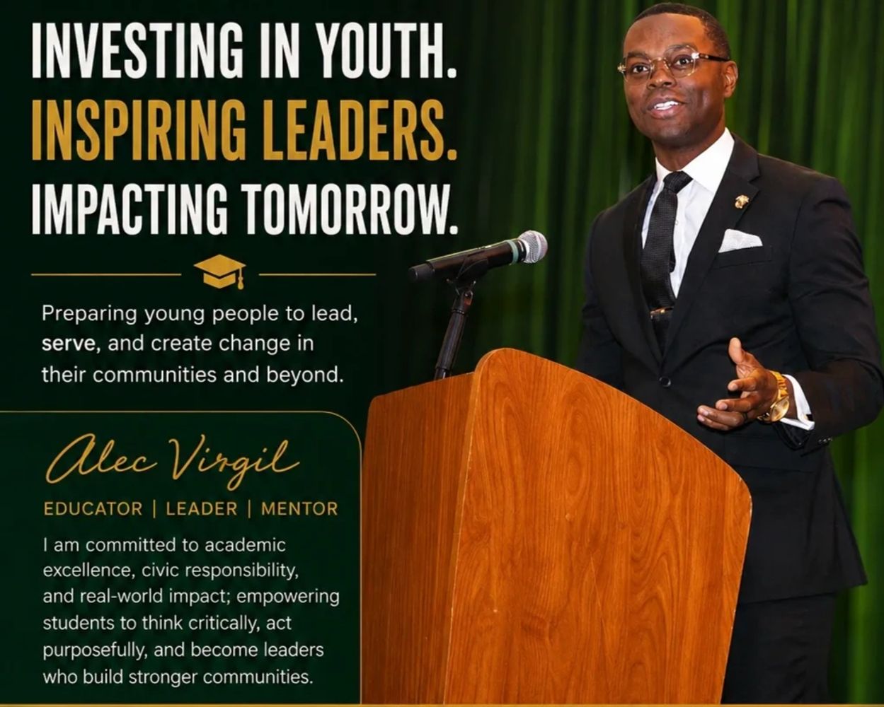 Educational leadership flyer featuring Alec Virgil highlighting youth achievement and civic impact.