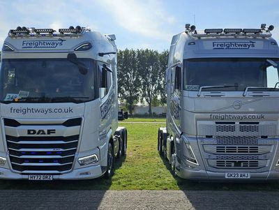 Two Freightways HGV trucks parked next to each other at a heavy goods vehicle rally in Hampshire.
