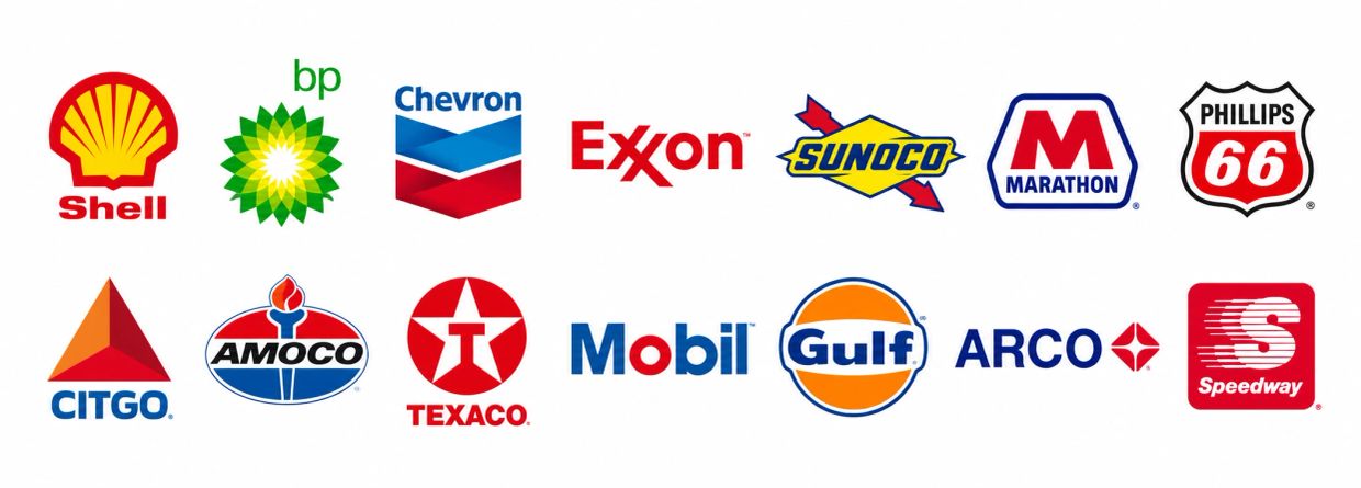 Logos of major gasoline brands and oil companies.