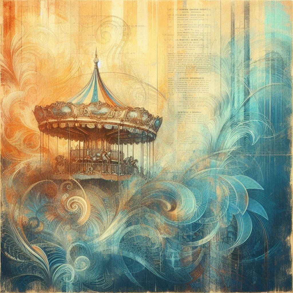 Vintage carousel surrounded by ornate, swirling patterns in warm and cool tones.