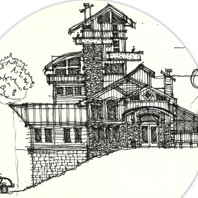 Architectural sketch of a multi-level house with detailed stone and wood features.