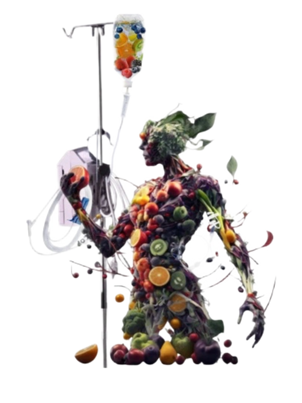 A human figure made of various fruits connected to an IV drip filled with fruit juice.