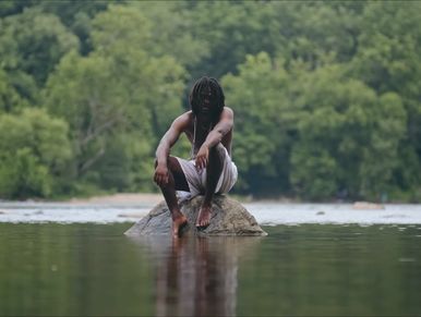 Person sitting on a rock in water with trees in the background.