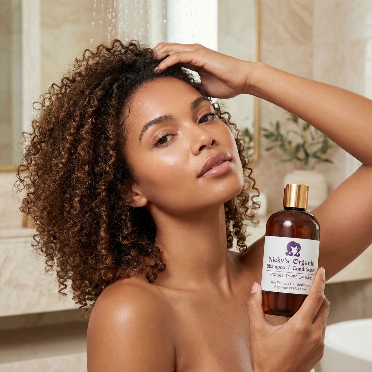 Woman with curly hair holding Nicky's Organic shampoo bottle in bathroom.