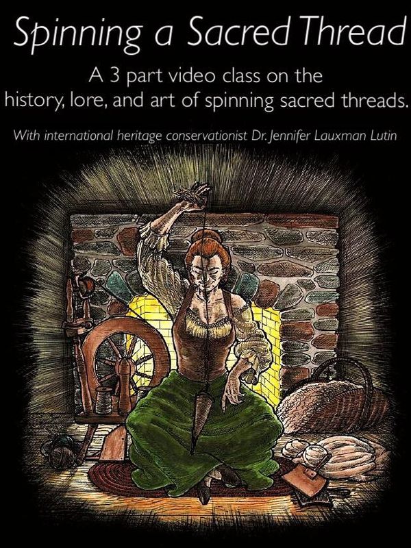 Illustration of a woman spinning thread by a fireplace, advertising a video class on sacred thread spinning.