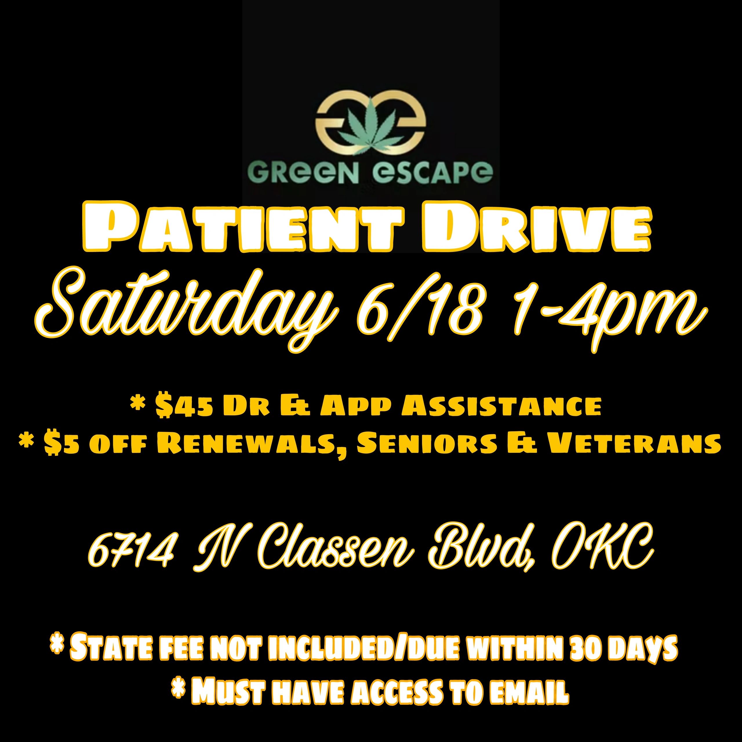 GREEN ESCAPE OKC PATIENT DRIVE SATURDAY 6/18 1-4PM