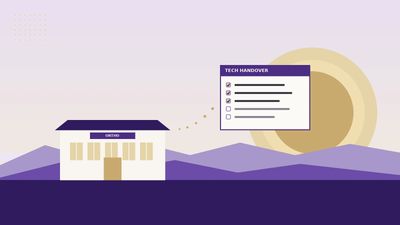 Illustration of a dental practice building at sunset with a tech handover checklist rising to the sk