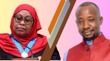 Portraits of a serious woman in red hijab and a smiling man in a red vest.