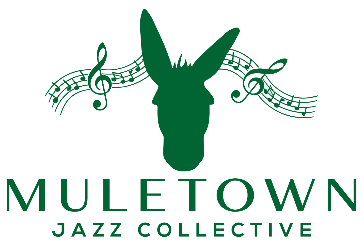Muletown Jazz Collective.  Logo is green silhouette of mule's head and green music notes on black 