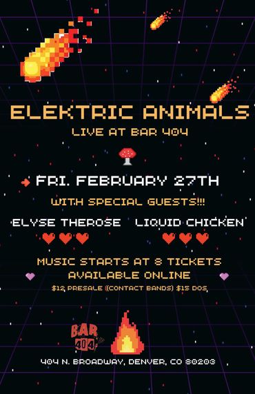 Pixel art flyer for Electric Animals concert at Bar 404 on Feb 27th.