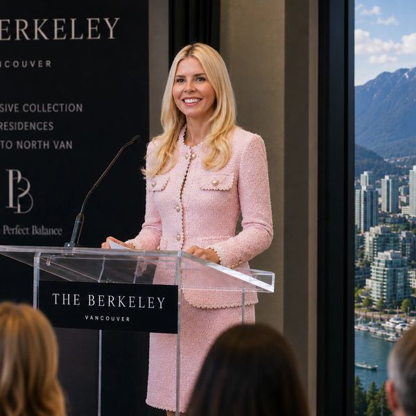 A woman in a pink suit speaks at a podium with a cityscape backdrop.