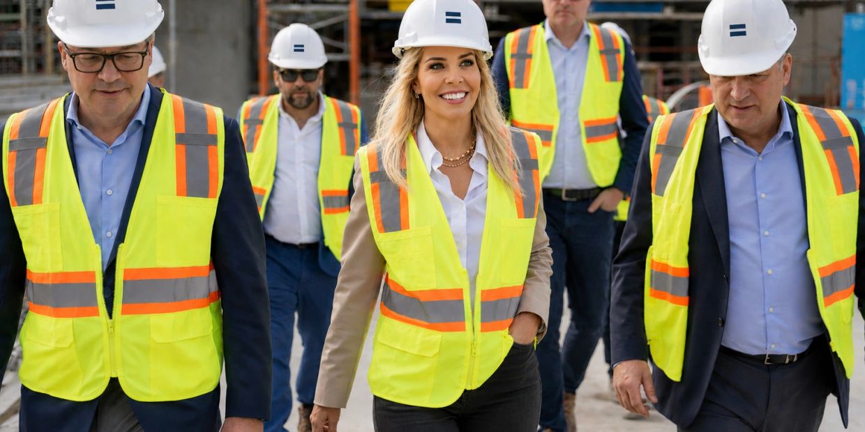 Group of construction professionals wearing safety vests and helmets walking on site.