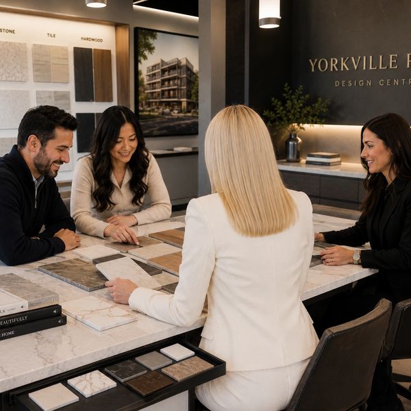 Four people discuss design samples at Yorkville Place Design Centre.