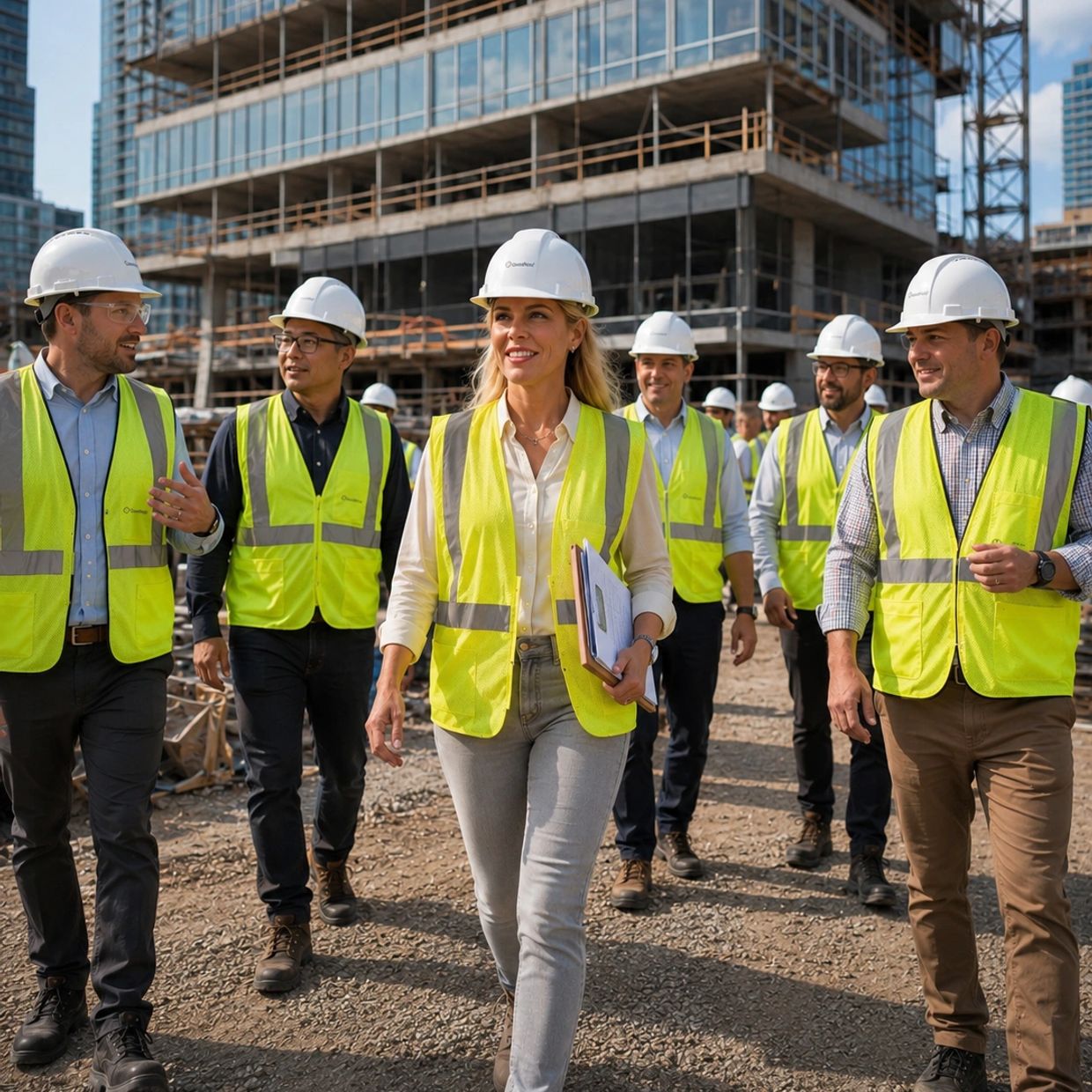 Construction team wearing safety vests and helmets walking on site.