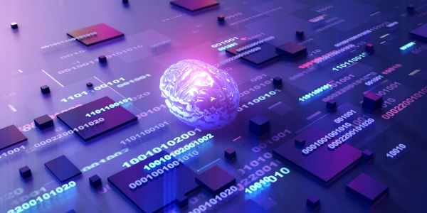 Glowing digital brain surrounded by data and code.