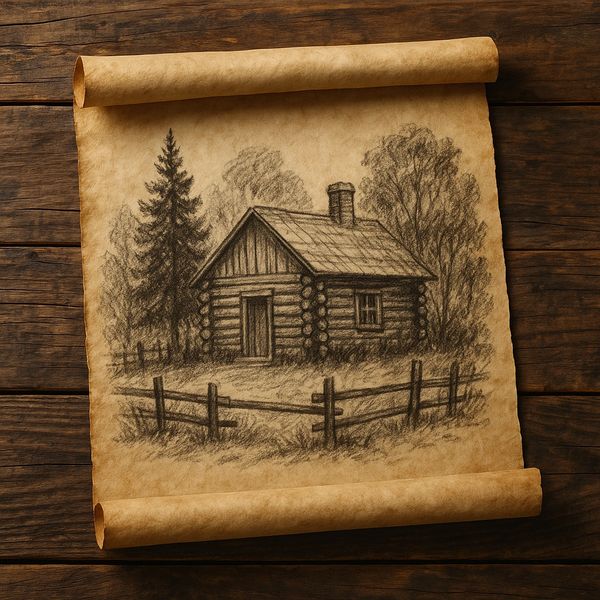 Sketch of a log cabin with a chimney, surrounded by trees and a wooden fence, drawn on aged parchmen