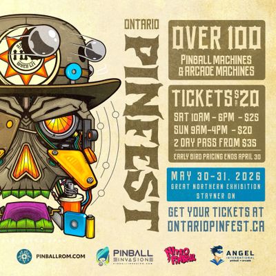 Poster for Ontario PinFest 2026 featuring over 100 pinball and arcade machines.