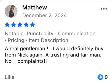 Five-star review praising Nick's punctuality, communication, and fairness.