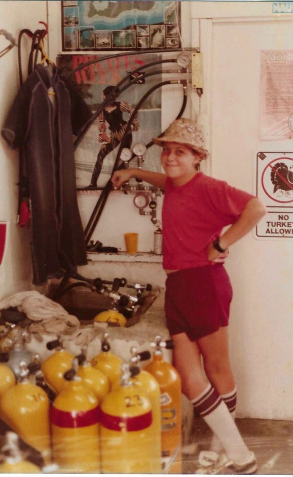 Filling tanks at Eden Rock Dive Centre, Grand Cayman, 1984
