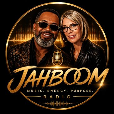 Two radio hosts with a golden microphone and Jahboom Radio logo.