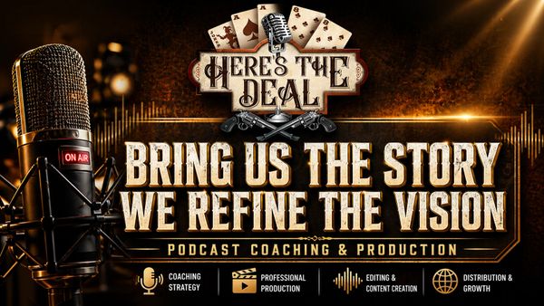 Podcast coaching and production visual with microphone and cards.