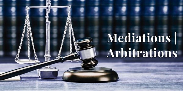 Gavel, scales of justice, and text reading 'Mediations | Arbitrations'.