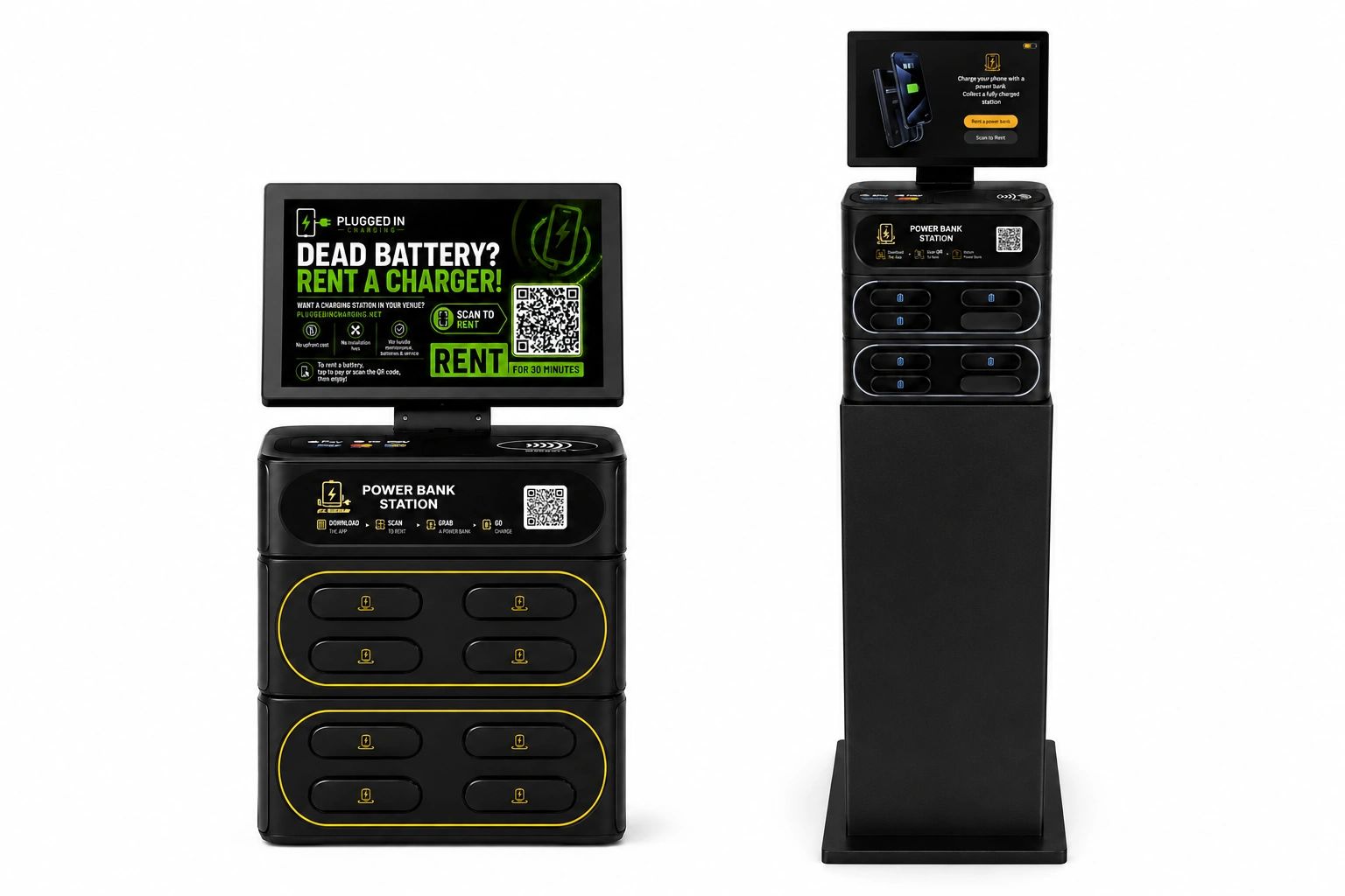 Countertop and floor-standing portable phone power bank rental stations for events and venues.