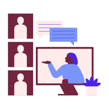 Virtual meeting with multiple participants communicating through chat and video.