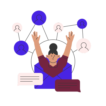 Person interacting with social network connections and chat bubbles.