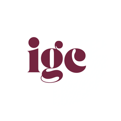 Stylized logo with letters 'ige' in maroon on a white circular background.