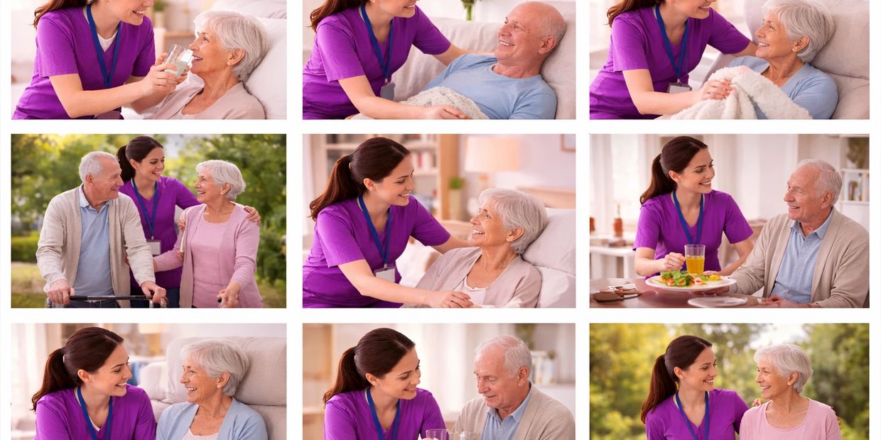 Caregiver assisting elderly with daily activities and companionship.
