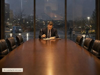 Man stamps document alone; real people pass below unaware