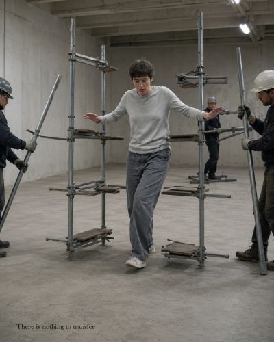 A woman stands with arms outstretched for balance on a bare concrete floor as workers dismantle scaf