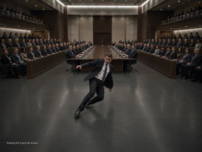 A lone professional slips across a boardroom floor while seated executives remain silent.
