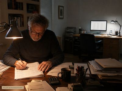 Man handwrites in ledger by lamp; monitor glows across room"