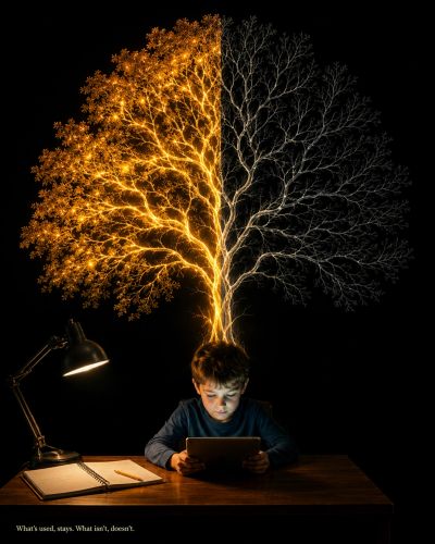 Boy on tablet beneath a tree, one side lit, one side bare.
