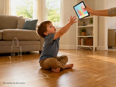 Boy reaches for tablet; faint toys hover on the floor nearby