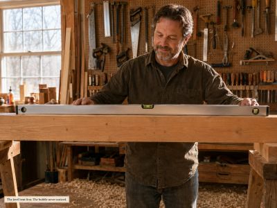 Carpenter checks level; bubble reads true on subtly bent tool