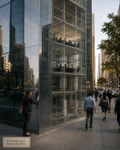 Woman feels cracked glass; scaffolding shows through walls