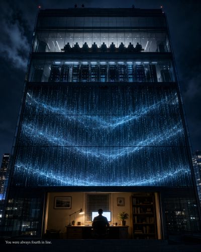 Glass tower at night: boardroom above, worker alone below