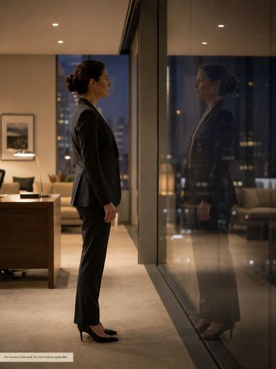 Woman in suit stands still, reflected in office window