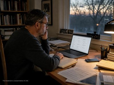 Man at desk stares blankly at laptop, hand on chin