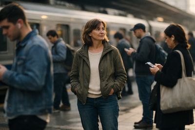 An individual paused within the flow of modern transit.