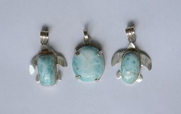 2 Larimar Cabochon Turtle Pendants in Sterling Silver 