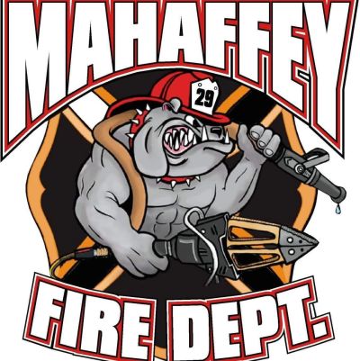 Muscular bulldog firefighter mascot holding a hose and nozzle for Mahaffey Fire Department.