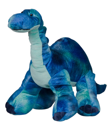 Blue plush dinosaur toy with a friendly expression.