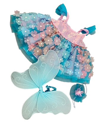 Colorful fairy costume with floral dress, wings, and headband.