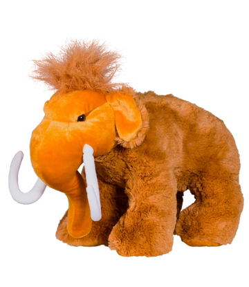 Fluffy plush mammoth toy with orange and brown fur and white tusks.