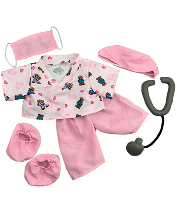 Pink baby medical dress-up set with mask, hat, booties, and toy stethoscope.