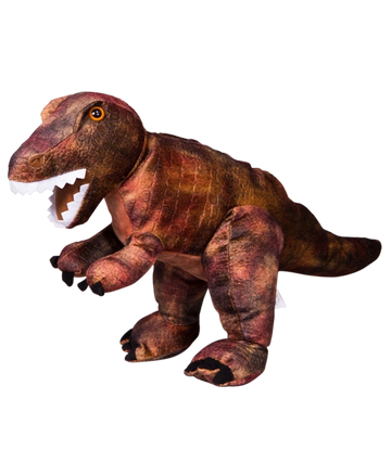 A plush toy resembling a T-Rex dinosaur with orange eyes and sharp teeth.